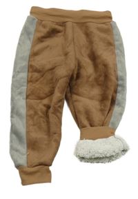 Hnědé plyšové zateplené tepláky s šedým pruhem 