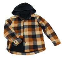 Hnědo-tmavomodrá kostkovaná zateplená košilová bunda s kapucí dunnes