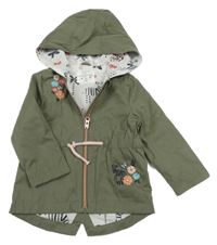 Khaki šusťáková jarní parka s výšivkami květů a kapucí F&F