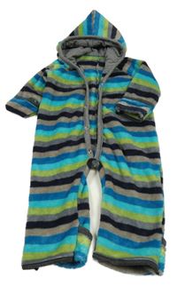 Sivo-modro-zelená pruhovaná plyšová kombinéza s kapucňou