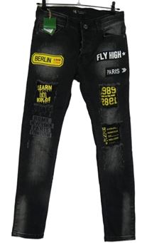 Nové - Pánske čierne skinny rifle s nášivkami Rene Emilio vel. 30
