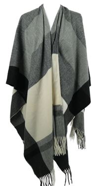 Dámský šedo-černo-bílý vzorovaný pletený pléd s třásněmi 