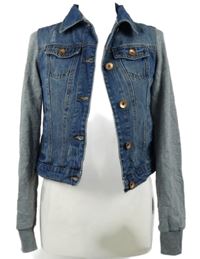 Dámská modro-šedá riflová crop bunda s teplákovými rukávy Fashion Nova 