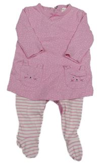 Růžovo-bílá puntíkatá mikina s králíčky a všitým overalem Topomini