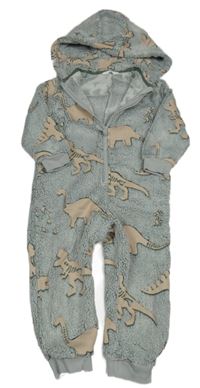 Zelenošedá chlupatá kombinéza s dinosaury a kapucí M&S