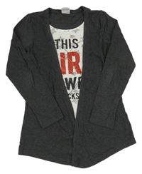 Tmavosivý cardigan s všitým topem a nápisom zn. Yigga