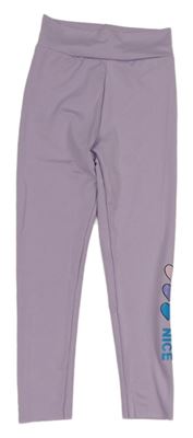 Lila sportovní legíny se srdíčky a nápisem 