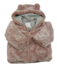 Starorůžová kožešinová zateplená bunda s kapucí s oušky Next