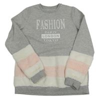 Sivá melírovaná mikina s nápismi a bílo-starorůžovou kožešinou PEP&CO