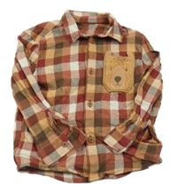 Vínovo-oranžovo-hnědá kostkovaná flanelová košile s medvědem George