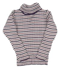 Bielo-fialovo-rpžový pruhovaný rebrovaný sveter s rolákom Nutmeg