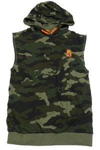 Kaki-čierna army tepláková vesta s potlačou a kapucňou F&F