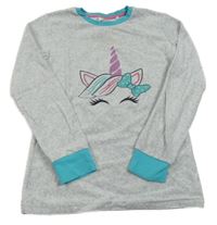 Sivo-azurová zamatová mikina s jednorožcom Alive