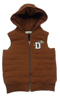 Hnědá bavlněná prošívaná zateplená vesta s dinosaurem a kapucí C&A