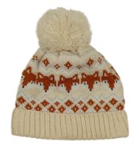 Béžová pletená podšitá čepice s liškami a bambulí