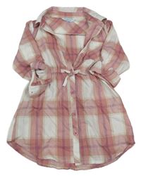Svetloružová -bielo-béžové kockované prepínaci košeľové šaty s opaskom Primark