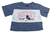 Tmavomodro/šedo-biele crop tričko s Mickey zn. PRIMARK