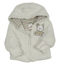 Bílá chlupatá podšitá bunda s medvídkem a kapucí JACKY