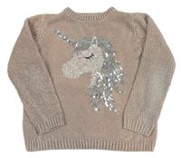 Pudrový melírovaný žinylkový svetr s jednorožcem z flitrů PRIMARK