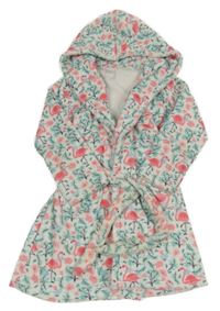 Biely plyšový župan s plameňáky a větvičkami a kapucňou