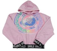 Svetloružová -čierna crop mikina so lvem s kamienkami a nápismi a kapucňou