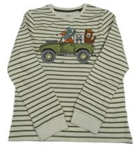 Bílo-khaki pruhované žebrované mikinotriko s jeepem a zvieratkami C&A