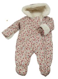 Smetanová kytičkovaná šusťáková zimní kombinéza s kapucí s kožešinou Tu