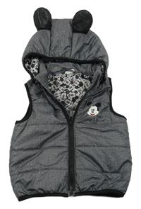 Tmavošedá melírovaná prošívaná šusťáková zateplená vesta s Mickey a odepínací kapucí H&M