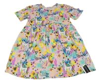 Nové - růžovo-barevné skvrnité vzorované šaty s jednorožci a srdíčky St. Bernard