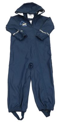 Tmavomodrá nepromokavá kombinéza s buldozerem a kapucňou lupilu