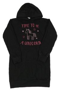 Černé teplákové šaty s jednorožcem a nápisy a kapsou a kapucí Y.F.K.