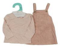 Nové - 2Set - Pudrové manšestrové šaty s kapsou + bílo/starorůžové pruhované triko PRIMARK
