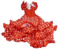 Kockovaným - Červené bodkované šaty s volány a strapcemi