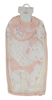 5set - Bílý overal s mraky + bílé body + bavlněná čepice + rukavičky + světlerůžový slinták se slonem