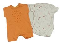 2set - Oranžový bavlnený kraťasový overal s nápisem + biele kvetované body s králikmi