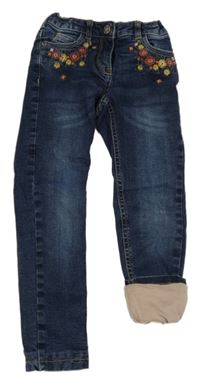 Tmavomodré podšité skinny rifle s výšivkami květů C&A