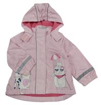Růžová šusťáková lehce zateplená bunda s kočkami a kapucí Topomini