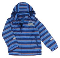 Tmavomodro-modro-oranžová pruhovaná šusťáková podzimní bunda s traktorem a kapucí Pocopiano