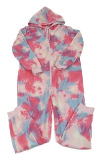 Růžovo-tmavorůžovo-světlemodrá batikovaná fleecová kombinéza s kapucí Pepperts