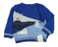 Nové - Modrý svetr s tuleni a parníkem Nutmeg