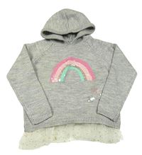 Šedý melírovaný svetr s duhou z flitrů a kapucí Dopodopo