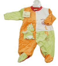 Nové - Oranžovo-zelenkavo-bílý sametový overal s dinosaurem
