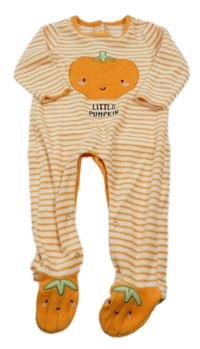 Bielo-oranžový pruhovaný zamatový overal s tekvicou