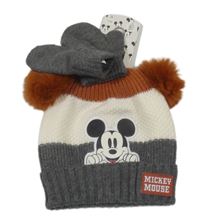 Nové - 2set - Antracitovo-smetanovo-hnědá pletená čepice s Mickeym a bambulemi + palcové rukavice Primark