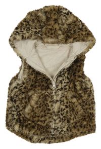 Béžovo-čierna chlpatá podšitá leopardí vesta s kapucňou Next