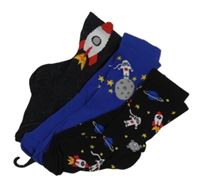 Nové - 3x ponožky - modro-černé s raketami 
