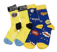 Nové - 2x ponožky - žluté s nápisem + modré s nápisy 