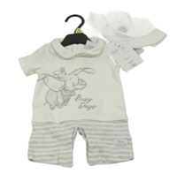 Nové - 2 set - bielo-sivý kraťasový overal s Dumbem + bavlnený klobúk Disney