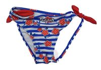 Modro-bielo-červené pruhované plavkové nohavičky s kvítky a nápisom