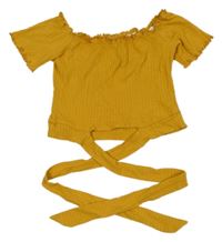 Okrové rebrované crop tričko s vázačkou